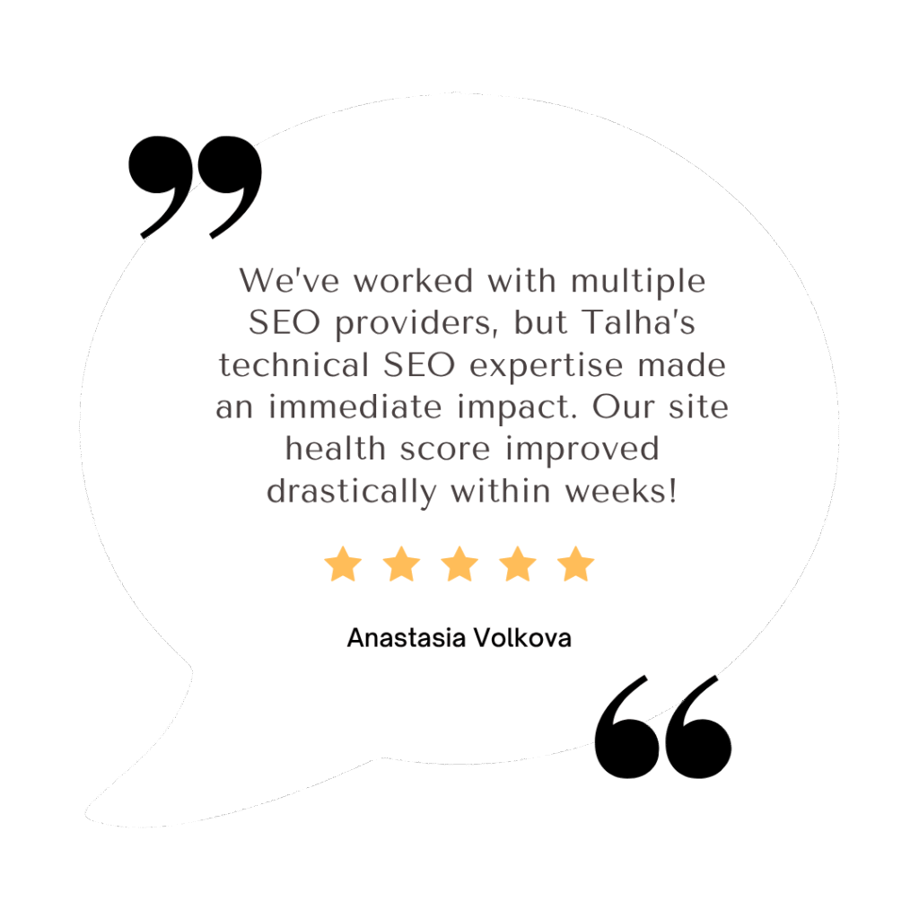 Anastasia Volkova, a satisfied dental clinic manager in Moscow, praises Talha's technical SEO services for rapid site health improvement.